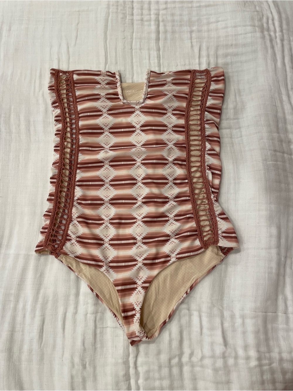 acacia swimwear Rust and Cream Geometric Crochet One-Piece